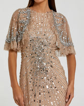 Beige Embellished Mesh Fitted Gown With Capelet